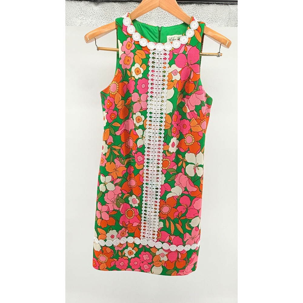 Eliza J Floral Shift Dress Retro Mod 60s Style Green Pink Orange Crochet Sz 4